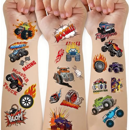 CharmeFleur 60 PCS Truck Temporary Tattoos for Kids Groovy Metallic Styles Tattoos for Truck Wheels Birthday Party Supplies Racing Car Checkered Flag Trophy Fake Tattoo von CHarmeFleur