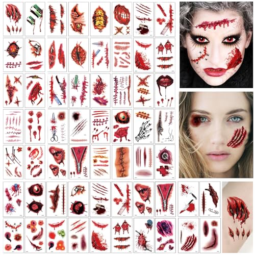 CharmeFleur 60 Stück Halloween Zombie Narbe Temporärtattoos, Falsche Blutige Wunde Naht Kruste Körper Gesicht Wasserdicht Tattoo Aufkleber Maskenball Streich Schminkutensilien von CHarmeFleur