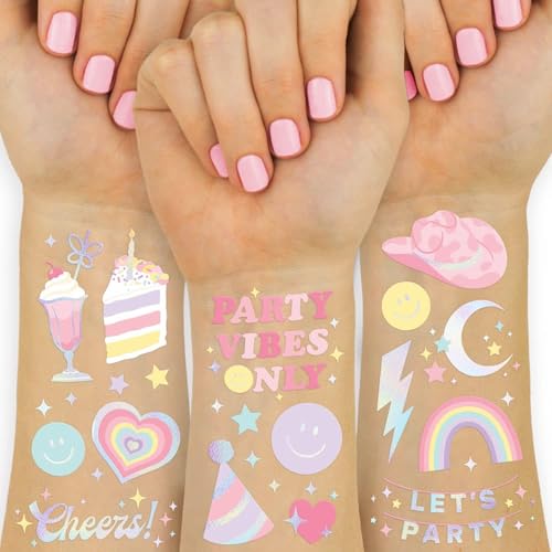 CharmeFleur Pastel Regenbogen Temporäre Tattoos 50 Irideszente Folienstile | Schick Geburtstags Party Utensilien Lächelnde Party Geschenke Nur Party Stimmung von CHarmeFleur