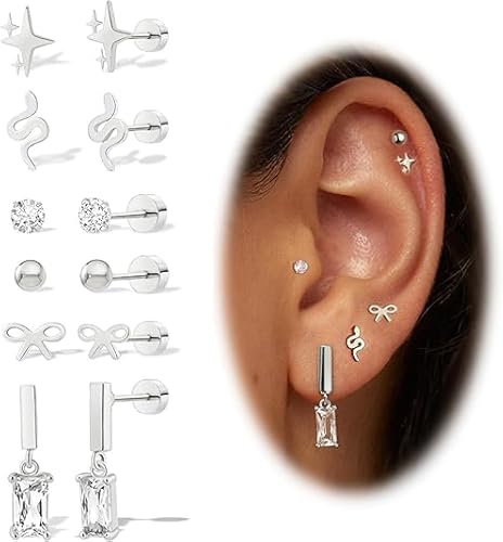 CharmeFleur Titanium Flachrücken Ohrringe, 6 Paare Schraubenverschluss Ohrringe für Frauen, hypoallergene Ohrringe, 14K Gold & Silber Helix Ohrringe, Cartilage Conch Tragus Piercing Schmuck von CHarmeFleur