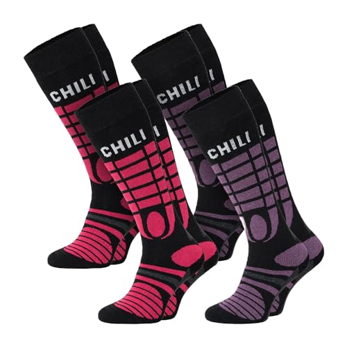 4 Paar ChiliLifestyle Socks Ski Kniestrümpfe mit Funktionszonen warme Wintersocken Skisocken dicke Socken Wollsocken Thermosocken Damen und Herren, Größe:36/40, Farben:rosa und lila von CHiLI Lifestyle Socks