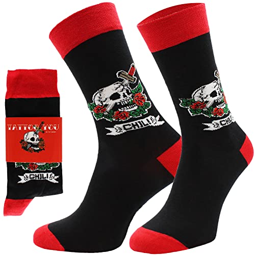 ChiliLifestyle Socks Motivsocken "Tattoo You" Größe 41-45 für Damen & Herren Totenkopf alltagstauglich atmungsaktiv nachhaltig produziert von CHiLI Lifestyle Socks