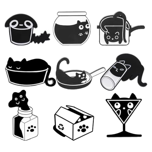 Katzen Emaille Brosche,CHmiss Schwarze Katzen-Emaille-Anstecknadeln,9 Stück Niedliche Tier-Emaille-Brosche,Abzeichen Cartoon Tier Anstecknadel,Für Frauen,Kinder,Kleidung von CHmiss