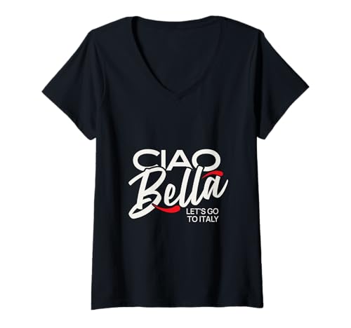 Damen Ciao Bella Italienisches Reise-Design, roter Akzent Let's Italy T-Shirt mit V-Ausschnitt von CIAO BELLA