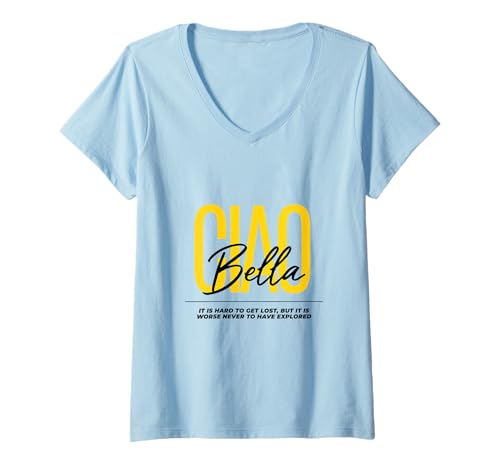 Damen Ciao Bella Zitat in Italienischer gelber Schrift T-Shirt mit V-Ausschnitt von CIAO BELLA