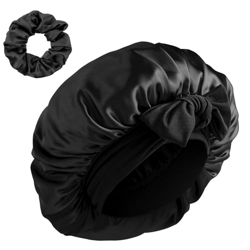1 Stück Schlafmütze Silk Bonnet,Seide Schlafhaube,Seidenhaube zum Schlafen,Verstellbar Nacht Schlaf Mütze,Weiche Satin Haarhaube mit Gummizug,Anti-Rutsch Bonnet Sleep Cap für Damen (schwarz) von CIATBYYJ