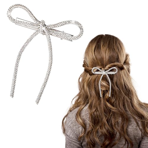 1 Stück Schleife Haarklammer,Glitzer Rhinestone Haarspange Silber, Non-Rutsch Haarspangen,Schnabel Haarklammern,für Damen Frauen von CIATBYYJ