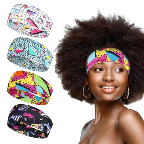 4 Stück 80er 90er Jahre Vintage Neon Stirnbänder Boho Soft Sport Schweißbänder 90er Jahre Athletic Elastic Haarband Universal Workout Weatband Outfit Zubehör für Damen Herren für Hip Hop Party Stil von CIATBYYJ