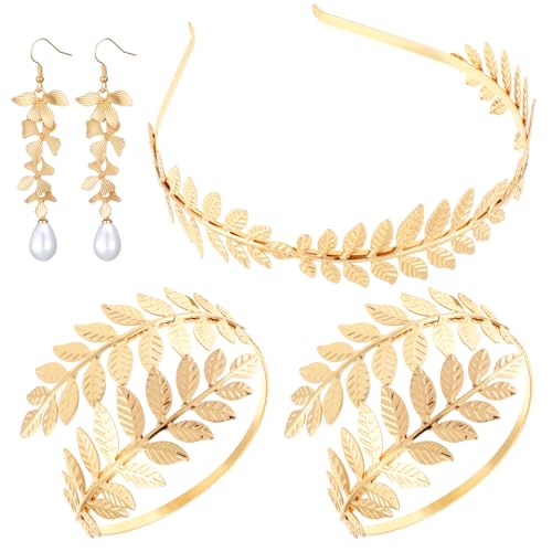 5 Stück griechische Göttin Kostümzubehör Goldene griechische Blattkrone Stirnband 2 Stück Spule Oberarmband Armband 2 Stück baumelnde Ohrringe für Frauen Braut Hochzeit Halloween Party Toga Kostüm von CIATBYYJ