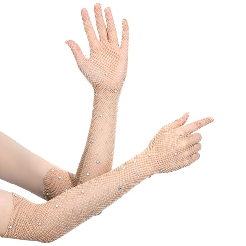 CIATBYYJ 1 Paar Glitzer Netzhandschuhe,Lange Handschuhe,Fishnet Gloves mit Funkelnden,Lange Netzhandschuhe mit Strasssteinen,für Halloween,Opern,Prom von CIATBYYJ