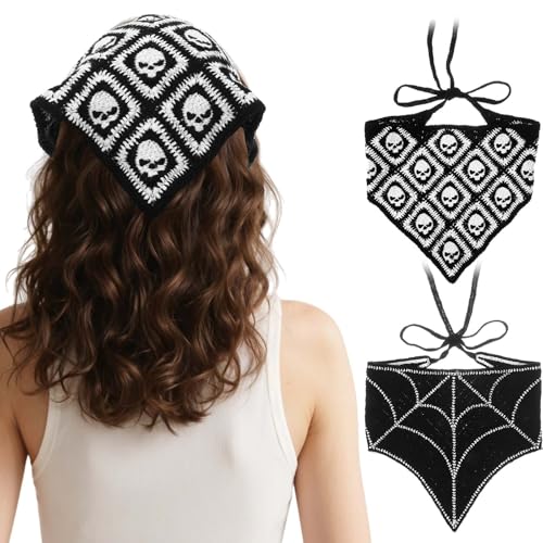 CIATBYYJ 2 Stück Gehäkelte Bandanas für Frauen,Halloween Spider Gestricktes Kopftuch,Halloween Gothic Queen Dark Gehäkeltes Netzgewebe,Halloweens Gruseliger Haarschmuck für alternative Modepartys von CIATBYYJ