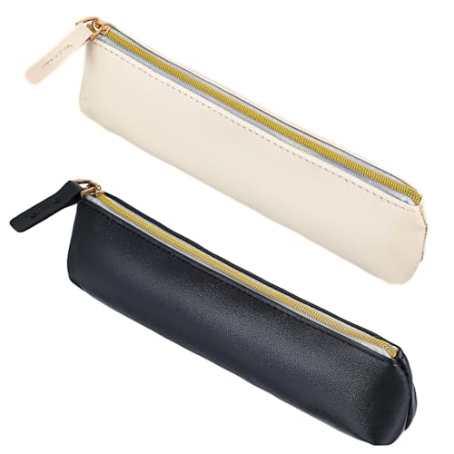 CIATBYYJ 2 Stück Leder Federmäppchen, Stiftetasche Kleine, Schmal Pencil Case Mit Reißverschluss, Tragbar Kosmetiktasche für Stifte Marker Make-up(Schwarz & Beige) von CIATBYYJ