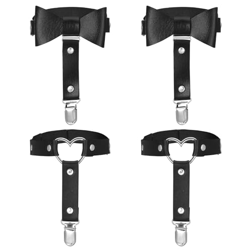 CIATBYYJ 4 Stück Goth Strumpfhalter Damen,Leder Bein Strumpfband,Schwarzer Punk Thigh Highs,Herzen und Schleifen Strumpfhalter für Halloween Karneval Cosplay Party Zubehör von CIATBYYJ