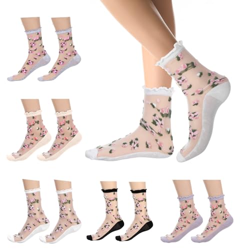 CIATBYYJ 5 Paar Transparent Söckchen Damen,Hauchdünne Durchsichtige Strümpfe,Atmungsaktiver Buchkomfort Nylonstrümpfe Damen,Farbenfroh Feinstrümpfe für die Meisten Menschen Geeignet (5 Farben) von CIATBYYJ