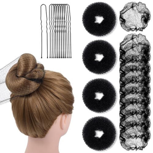 Frisurenhilfe Set, 4 Stück Duttkissen Donut Shapers,10 Stück Unsichtbare Haarnetze & U-Form Haarspange Haarnadel,Elastisches Ballett Haarnetze—Duttkissen Donut Hair Bun Set für Frauen,Mädchen(Schwarz) von CIATBYYJ