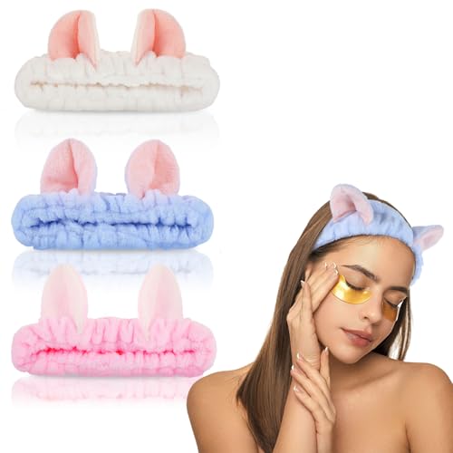 Niedliches Plüsch-Katzen-Haarband zum Waschen des Gesichts, Spa-Stirnbänder, Hautpflege, Haar-Accessoires für Frauen, Dusche, Schönheit, Hautpflege, Make-up (Rosa, Blau und Weiß), 3 Stück von CIATBYYJ