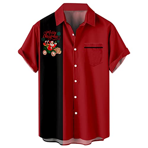 Herren Weihnachtsshirt Kurzarm Button Down Hawaiihemd Xmas Print Santa Shirt Casual Bowling Urlaub Strand Shirts Tops, Rote Weihnachten., 4X-Groß von CICEYET