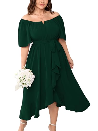 CICIDUDU Cocktail-Midikleid für Damen, Übergröße, kurzärmelig, quadratischer Ausschnitt, fließend, formell, für Hochzeitsgäste, schulterfrei, Smaragdrün, X-Large Mehr von CICIDUDU