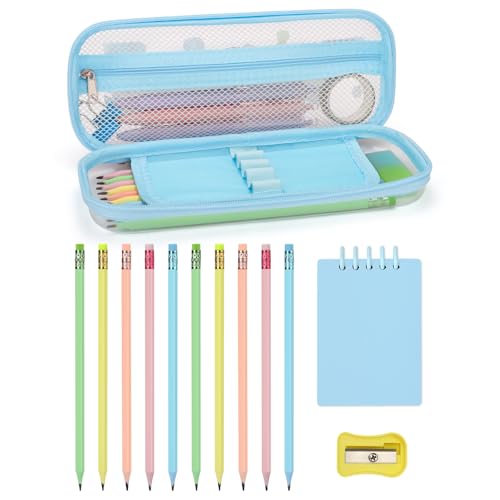 CICIGETI Federmäppchen Set Kawaii für Mädchen 4 5 6 7 8 Jahre, Anime Schreibwaren Set mit 1 Transparenten Blauem Mäppchen, 10 Bleistifte, Spitzer & Notizbuch – Geschenk für Schulanfang & Geburtstag von CICIGETI