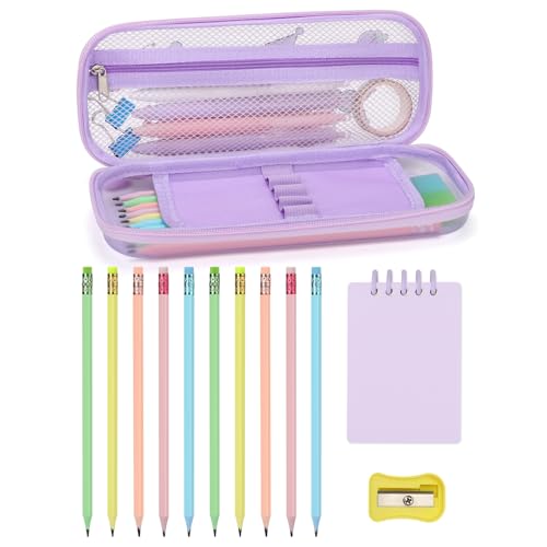 CICIGETI Federmäppchen Set Kawaii für Mädchen 4 5 6 7 8 Jahre, Anime Schreibwaren Set mit 1 Transparenten Lila Mäppchen, 10 Bleistifte, Spitzer & Notizbuch – Geschenk für Schulanfang & Geburtstag von CICIGETI