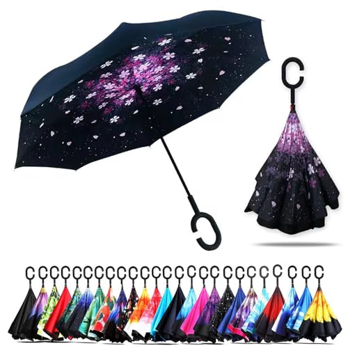 CICILIAYA Doppelschichtiger faltbarer umgekehrter Regenschirm, Selbst Stand Upside-Down Regenschutz Auto Reverse Regenschirme mit C-förmigen Griff Großer Gerader Regenschirm, Rosa 4 von CICILIAYA