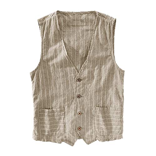 CICIYONER 2019 Neuest Herren Striped vest Leinen Weste Beiläufige Art und Weise wilde gestreifte Trägershirtjacke der Sommer-Männer Bluse (M, Khaki) von CICIYONER