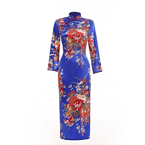 CIDCIJN Chinesisches Kleid - Plus Size Shanghai Faux Silk Floral Qipao Vintage Chinesisches Stil Kleid Chinesisches Orientalisches Kleid Pfau Cheongsam Langes Chinesisches Kleid, Blume Blau, 4XL von CIDCIJN