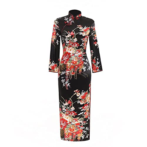 CIDCIJN Chinesisches Kleid - Plus Size Shanghai Faux Silk Floral Qipao Vintage Chinesisches Stil Kleid Chinesisches Orientalisches Kleid Pfau Cheongsam Langes Chinesisches Kleid, Blume Schwarz, 4XL von CIDCIJN