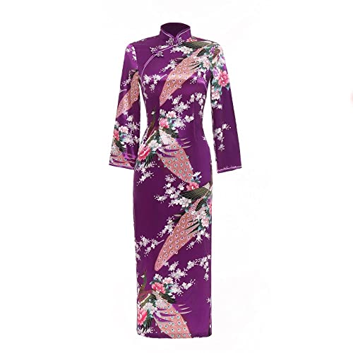 CIDCIJN Chinesisches Kleid - Plus Size Shanghai Faux Silk Floral Qipao Vintage Chinesisches Stil Kleid Chinesisches Orientalisches Kleid Pfau Cheongsam Langes Chinesisches Kleid, Pfau Lila, 3XL von CIDCIJN