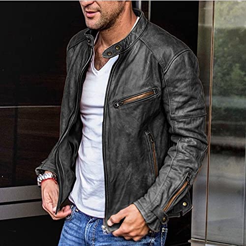 CIDCIJN Herren Lederjacke - Casual Herren Einfarbig Stehkragen Reißverschluss Tasche Slim Motorrad Herren Lederjacke Frühling Und Herbst Mode, Schwarz, M von CIDCIJN