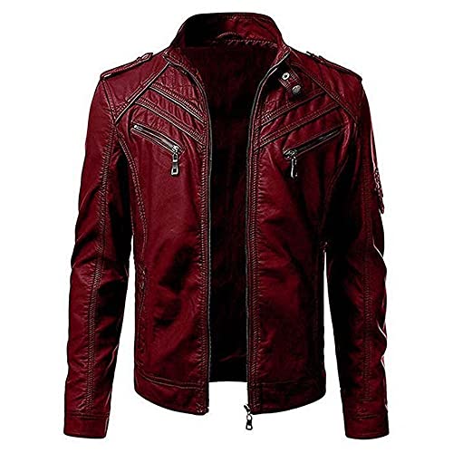 CIDCIJN Herren Lederjacke - Herren Einfarbig Stehkragen Reißverschluss Tasche Slim Soft Motorrad Herren Ledermantel Frühling Und Herbst Plus Size, Burgund, L von CIDCIJN