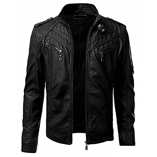 CIDCIJN Herren Lederjacke - Herren Einfarbig Stehkragen Reißverschluss Tasche Slim Soft Motorrad Herren Ledermantel Frühling Und Herbst Plus Size, Schwarz, L von CIDCIJN