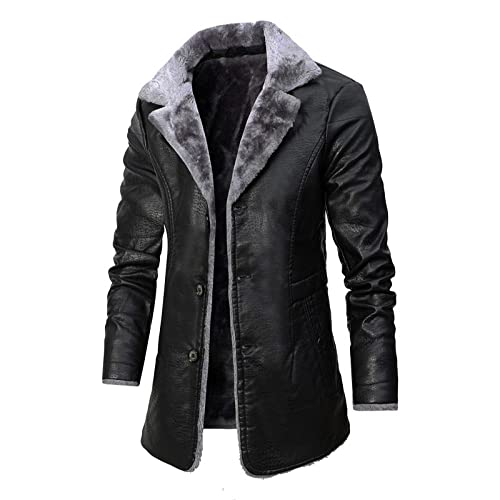 CIDCIJN Herren Lederjacke - Männer Lange Pu Leder Mantel Jungen Winter Dicke Windjacke Langarm Top Kunstfell Oversized Jacke Button Up Mantel, Schwarz, Xxl von CIDCIJN