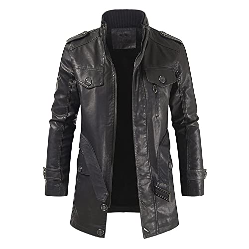 CIDCIJN Herren Lederjacke - Mode Männer Frühling Lange Warme Fleece Lederjacke Trench Männer Outwear Marke Dicke Casual Motor Vintage Kunstleder Jacke, Schwarz, M von CIDCIJN