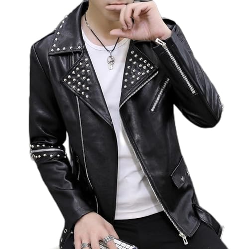 CIDCIJN Herren Lederjacke - Mode Persönlichkeit Niet Reißverschluss Männer Lederjacke Streetwear Motorradmäntel Nachtclub Casual Pu Leder Slim Herren Jacke, Schwarz, Xxl von CIDCIJN