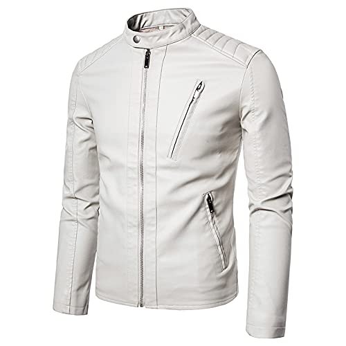 CIDCIJN Herren Lederjacke - Mode Slim Kurze Lederjacke Herren Herbst Motorradjacke Männer Reißverschluss Tasche Design Pu Mäntel Slim Casual Anzug Jacke, Weiß, Asiatisch 3Xl Ist Eur Xl von CIDCIJN