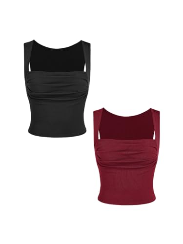 CIDER 2er-Pack Damen-Tank-Tops, gerüscht, quadratischer Ausschnitt, ärmellos, zum Ausgehen, niedliches bauchfreies Top, trendig, schwarz / rot, Klein von CIDER