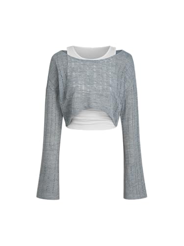 CIDER Crop Tops Langarm Gerafftes Tanktop Gefüttert Strick Rundhals Zweiteiliges Crop Top Set Tailliert Casual Top, mittelblau, S von CIDER