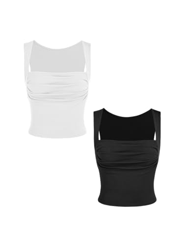 CIDER Crop Tops für Damen, Sommer-Tops, Tanktop für Damen, 2er-Pack, einfarbig, gerüscht, quadratischer Ausschnitt, bauchfreies Top, Schwarz und Weiß, XX-Small von CIDER