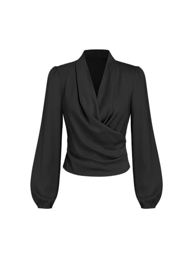 CIDER Damen Bluse Elegant V-Ausschnitt Langarm Satin Wickelbluse Büro Business Damen Oberteil Reißverschluss von CIDER