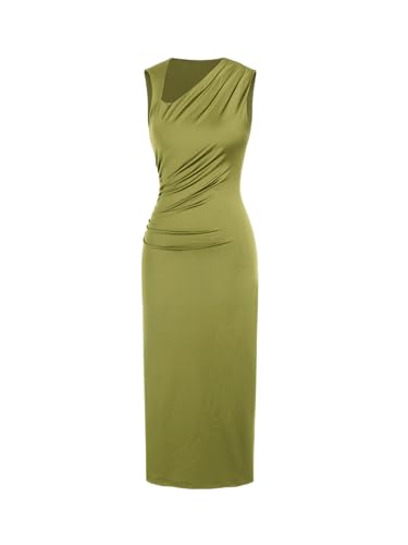 CIDER Damen Cocktailkleid Asymmetrischer Ausschnitt Geraffte Formelle Kleider Bodycon Lang Maxi Hochzeit Gäste Kleider für Sommer, Olivgrün, Mittel von CIDER