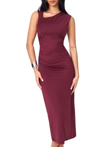 CIDER Damen Cocktailkleid Asymmetrischer Ausschnitt Geraffte Formelle Kleider Bodycon Lang Maxi Hochzeit Gäste Kleider für Sommer, Rot/Ausflug, einfarbig (Getaway Solids), Mittel von CIDER