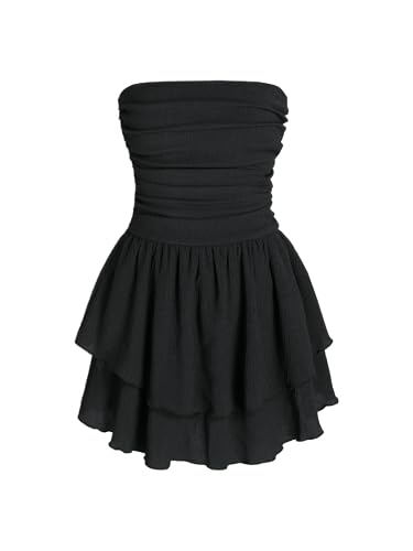 CIDER Damen Sommer Cocktailkleid - Röhrenrüschen Rüschen Minikleid, Schwarz, X-Klein von CIDER