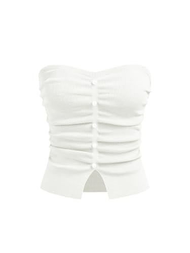 CIDER Damen Tube Crop Tops für Frauen Kunstperlen Split trägerlos gerafft Ausgehen Tops Strick Sommer Top Trendy 2025, Beige, Mittel von CIDER