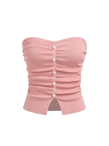 CIDER Damen Tube Crop Tops für Frauen Kunstperlen Split trägerlos gerafft Ausgehen Tops Strick Sommer Top Trendy 2025, Pink, Groß von CIDER