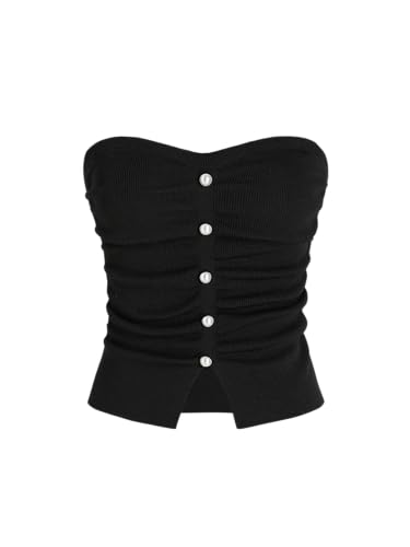 CIDER Damen Tube Crop Tops für Frauen Kunstperlen Split trägerlos gerafft Ausgehen Tops Strick Sommer Top Trendy 2025, Schwarz, Klein von CIDER