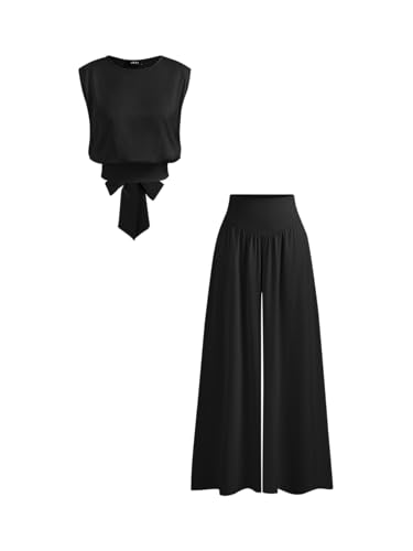 CIDER Lounge-Sets für Damen, Sommer, Rundhalsausschnitt, ärmellos, geknotetes Oberteil, mittlere Taille, weites Bein, Schwarz , S CIDER Lounge-Sets für Damen, Sommer, Rundhalsausschnitt, ärmellos, geknotetes Oberteil, mittlere Taille, weites Bein, Schwarz , S von CIDER