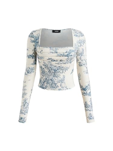 CIDER Santorini Beach Vacation Toile de Jouy Crop-Top mit quadratischem Ausschnitt, gerüscht, langärmelig, Blau, Mittel von CIDER