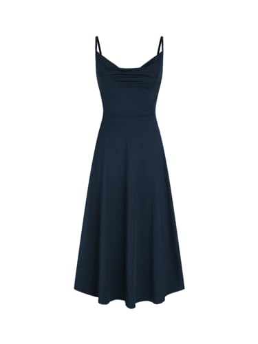 CIDER Sommer Damen Spaghettiträger Wasserfallausschnitt Cocktailkleid gerüscht ärmellos formelles Midikleid Party Club Kleid, Dunkles Marineblau , Klein von CIDER