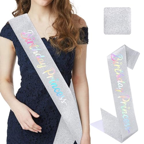 CIEHER Geburtstag Prinzessin Schärpe Geburtstag Schärpe Geburtstag Schärpe für Frauen Mädchen Prinzessin Party Gastgeschenke Prinzessin Geburtstag Dekorationen - Silberne Schärpe von CIEHER